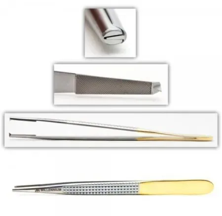 Flat, heavier, handle that spreads into two tips with a sharp tooth on either tip