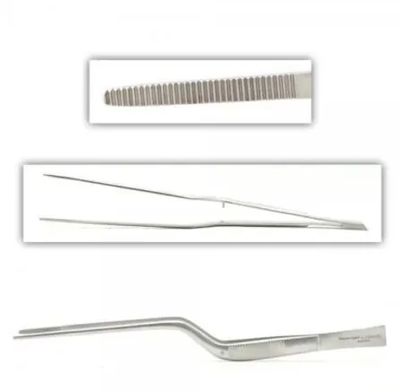 Flat handle that bends upward and spreads into two tips with serrations on either tip