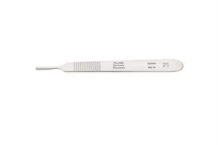 A sterile surgical scalpel with a narrow metal blade mount on the left and a handle shown horizontally on a plain background.