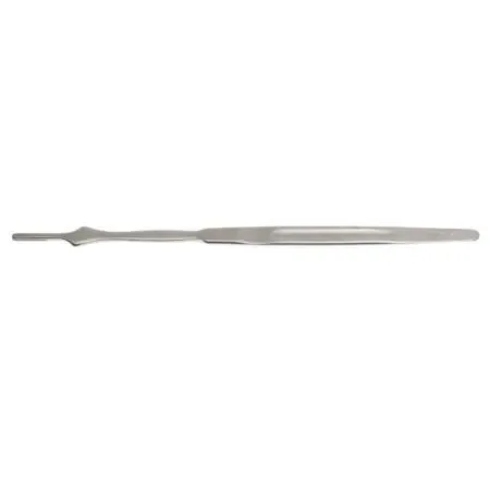 A long, narrow sterile surgical scalpel with a narrow metal blade mount on the left and a handle shown horizontally on a plain background.
