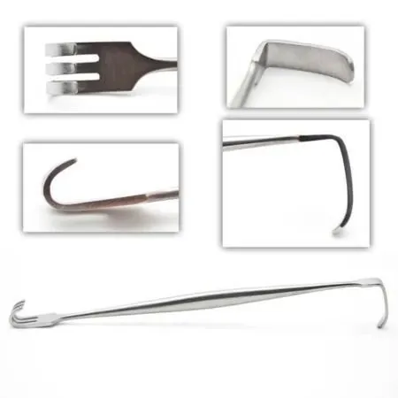 Rounded handle with a curved tip on one side and prongs on the other side