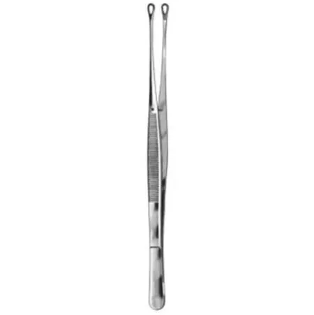 Flat handle that spreads into two tips that form a circular opening