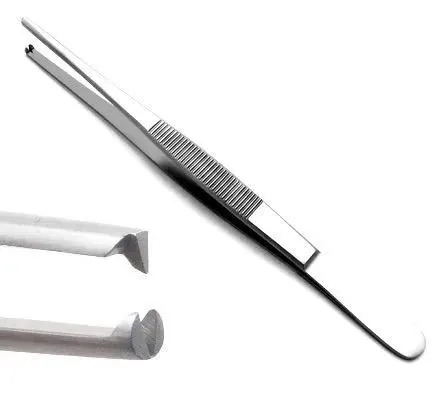 Flat handle that spreads into two tips that have a tooth